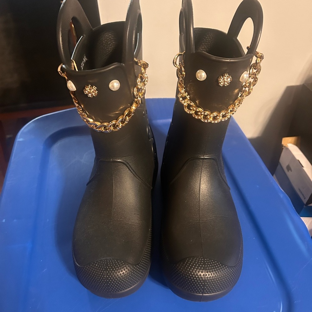 CROCS Black Winter & Rain Boots with Gold Chain